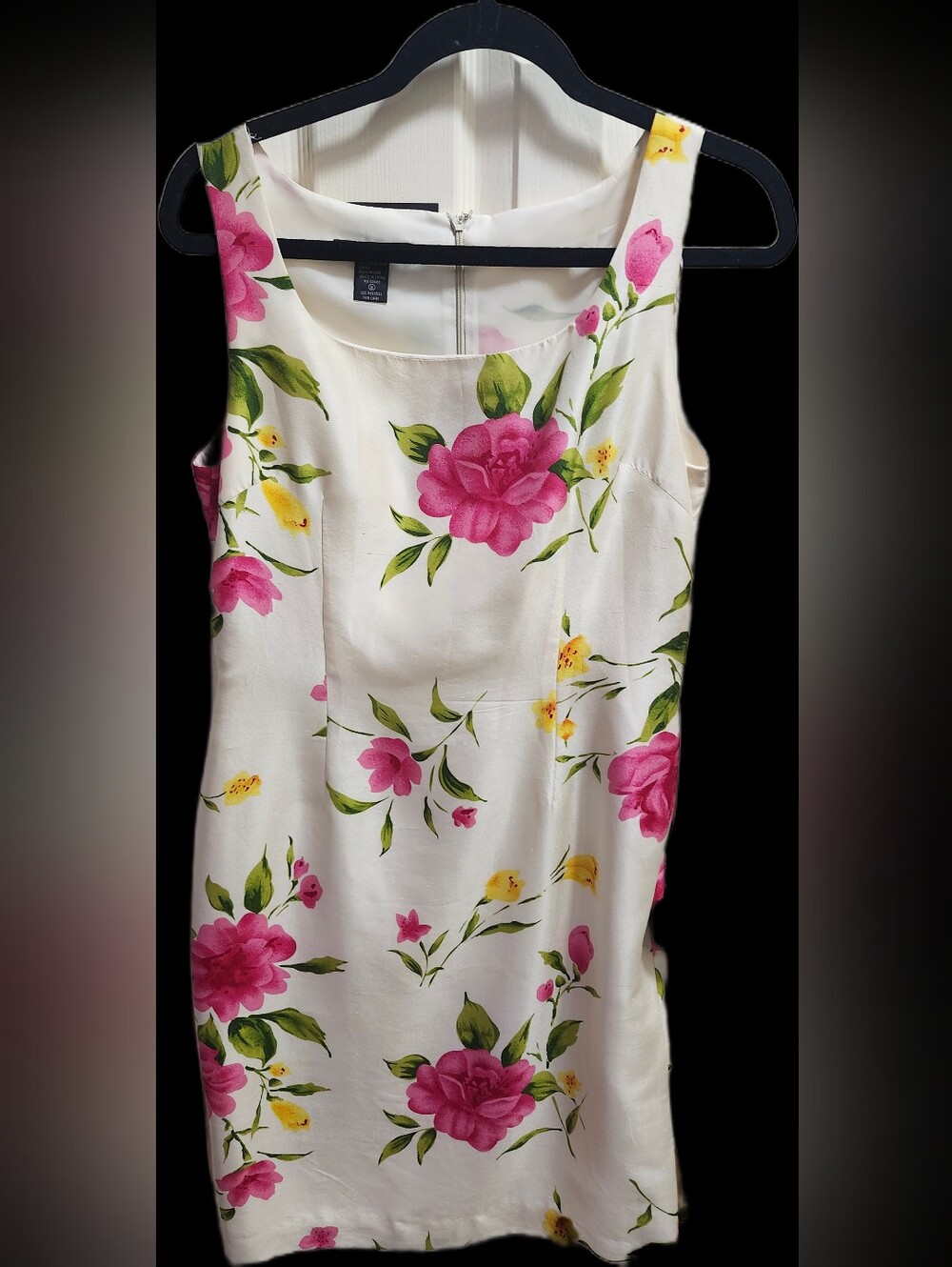 SilkLand White Floral Cocktail  Silk Shift Dress with Pink & Yellow Blooms